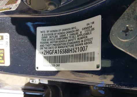 2008 Honda Civic Lx from USA, damaged, VIN 2HGFA16588H521007